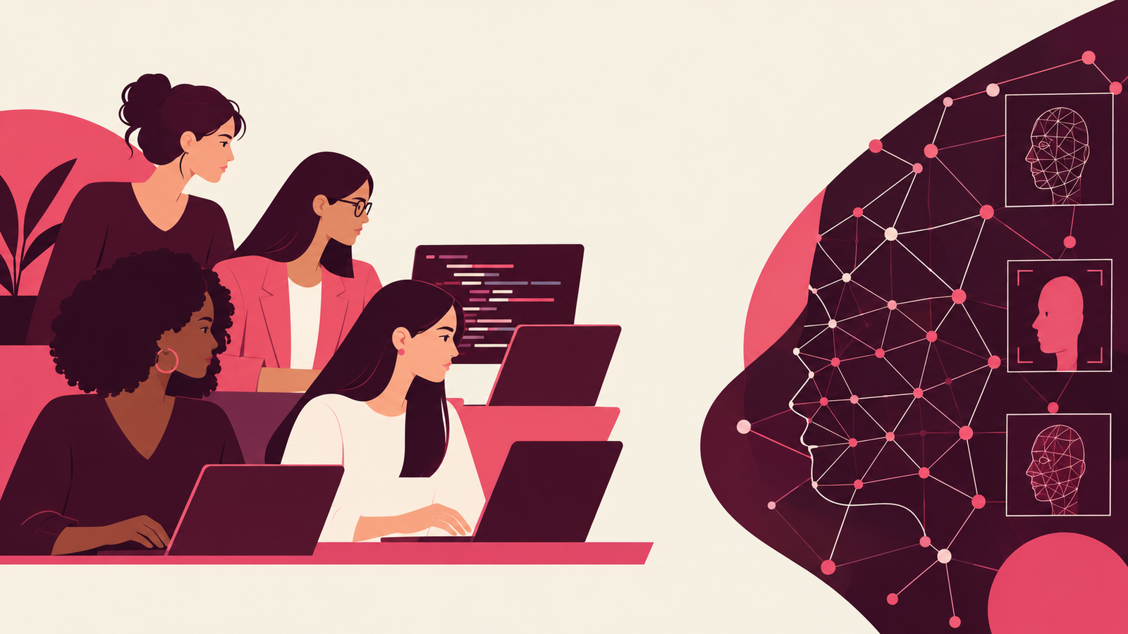 Ilustración: mujeres en tecnología y sesgo en inteligencia artificial